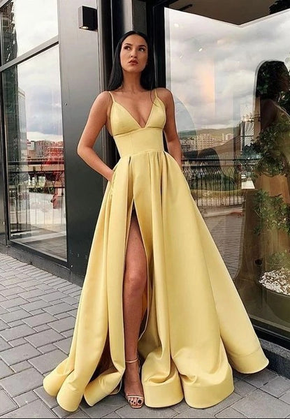 Yellow Satin Prom Dress Slit Skirt ...